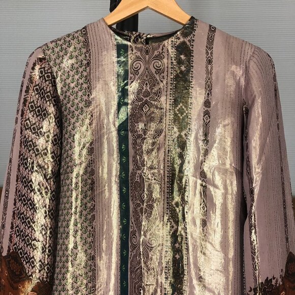 ETRO Metallic Silk Patterned Print Long Sleeve Side Slit Tunic Blouse Sz 44 ITA - Picture 3 of 16